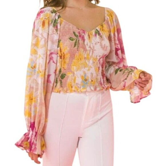 Flying Tomato Floral Smocked Romantic Puffed Dramatic Sleeve Blouse Size L - Picture 1 of 13